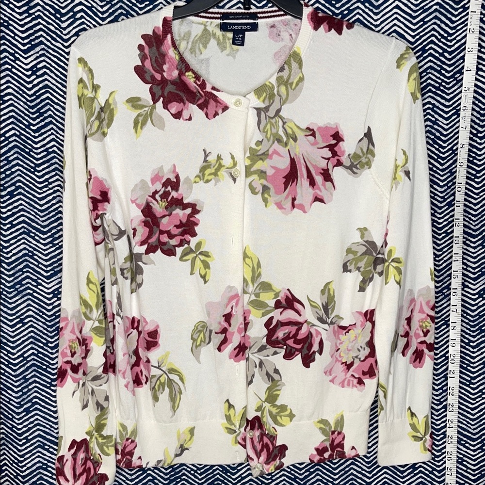 Lands' End Floral Knit Button Up Sweater - Pink and Green
